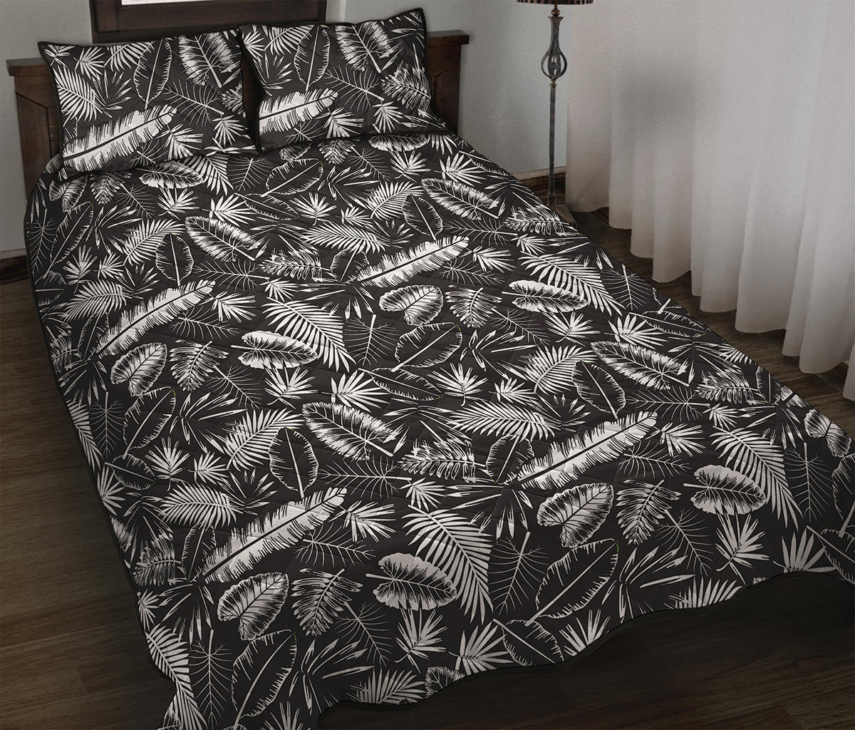 Black And White Tropical Palm Leaf Print Quilt Bed Set
