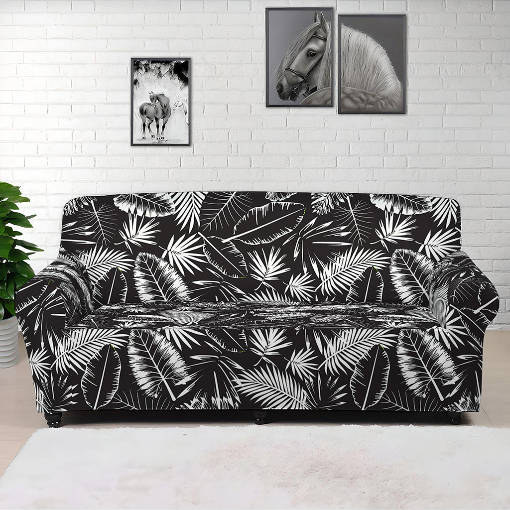 Black And White Tropical Palm Leaf Print Sofa Cover