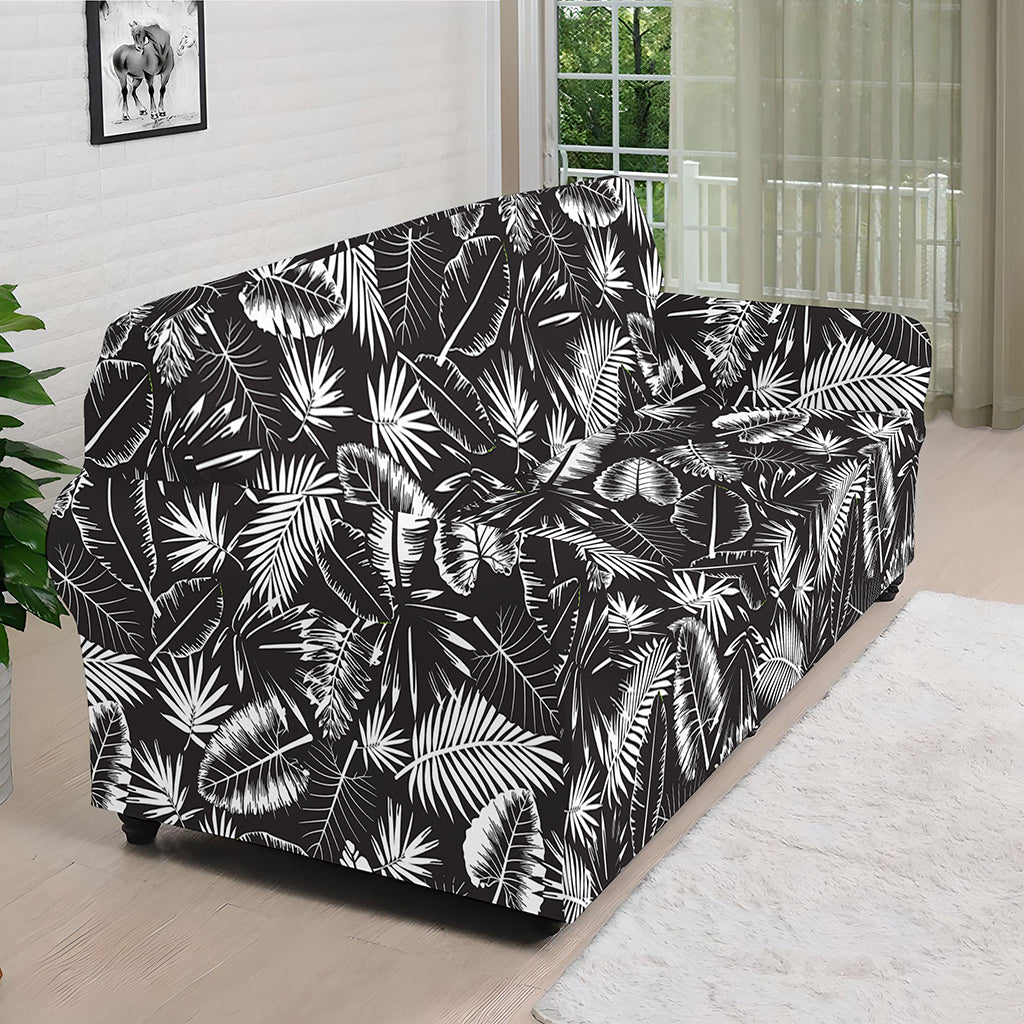 Black And White Tropical Palm Leaf Print Sofa Cover