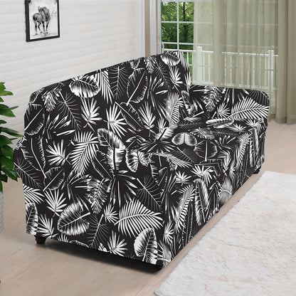 Black And White Tropical Palm Leaf Print Sofa Cover