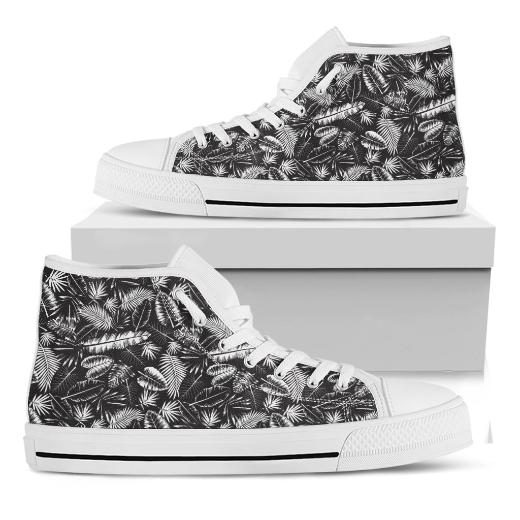 Black And White Tropical Palm Leaf Print White High Top Shoes