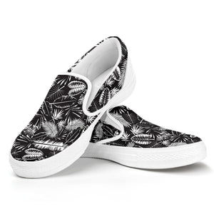 Black And White Tropical Palm Leaf Print White Slip On Shoes