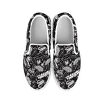 Black And White Tropical Palm Leaf Print White Slip On Shoes