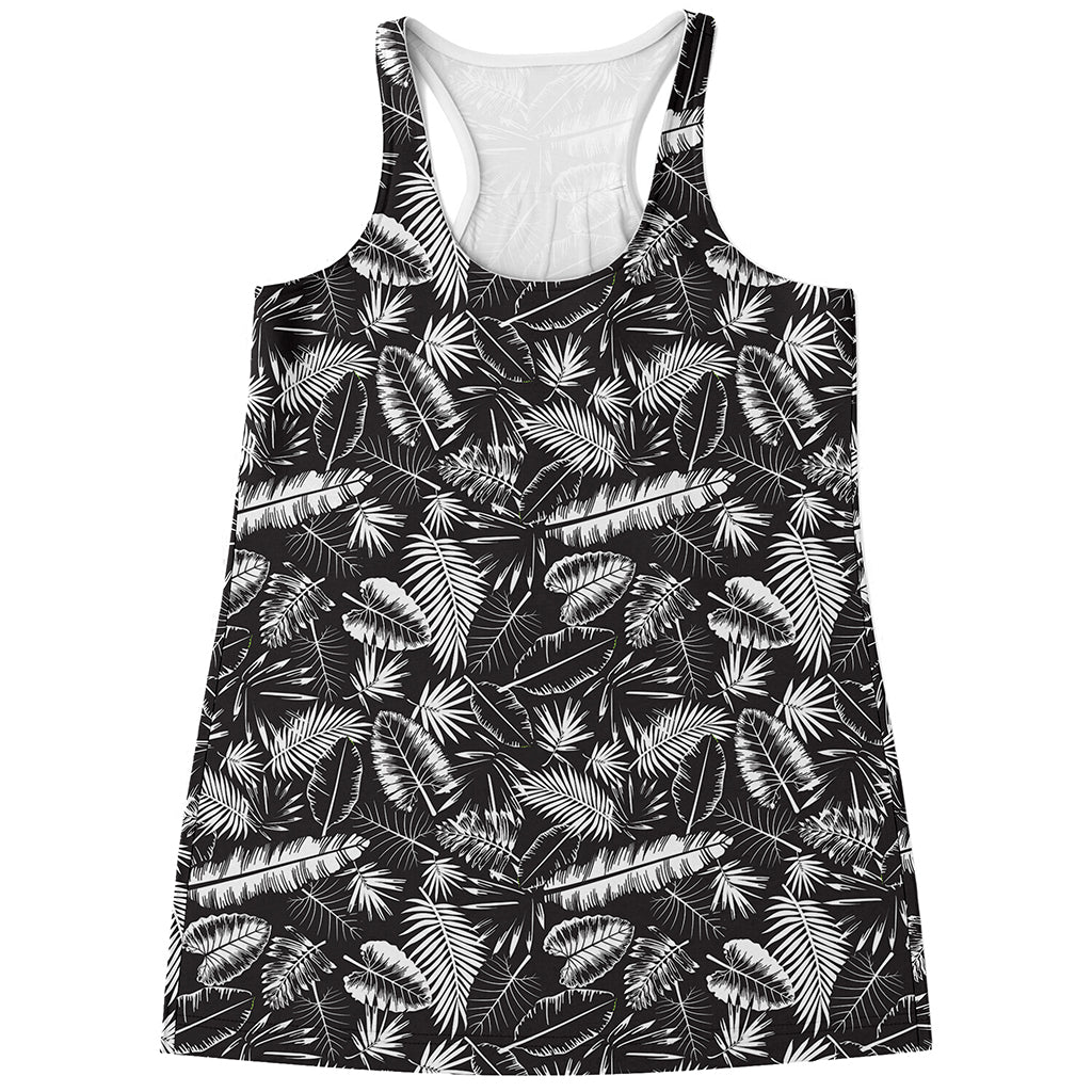 Black And White Tropical Palm Leaf Print Women's Racerback Tank Top