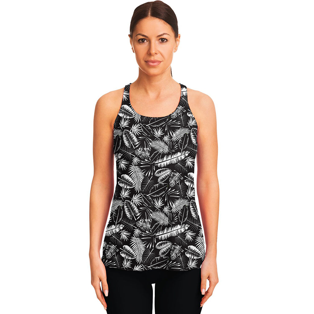 Black And White Tropical Palm Leaf Print Women's Racerback Tank Top