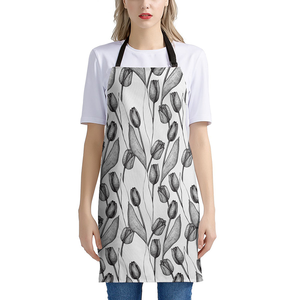 Black And White Tulip Pattern Print Apron