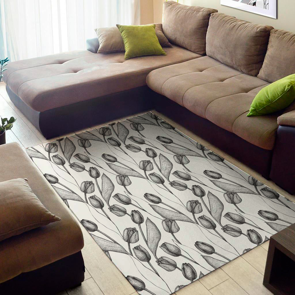 Black And White Tulip Pattern Print Area Rug