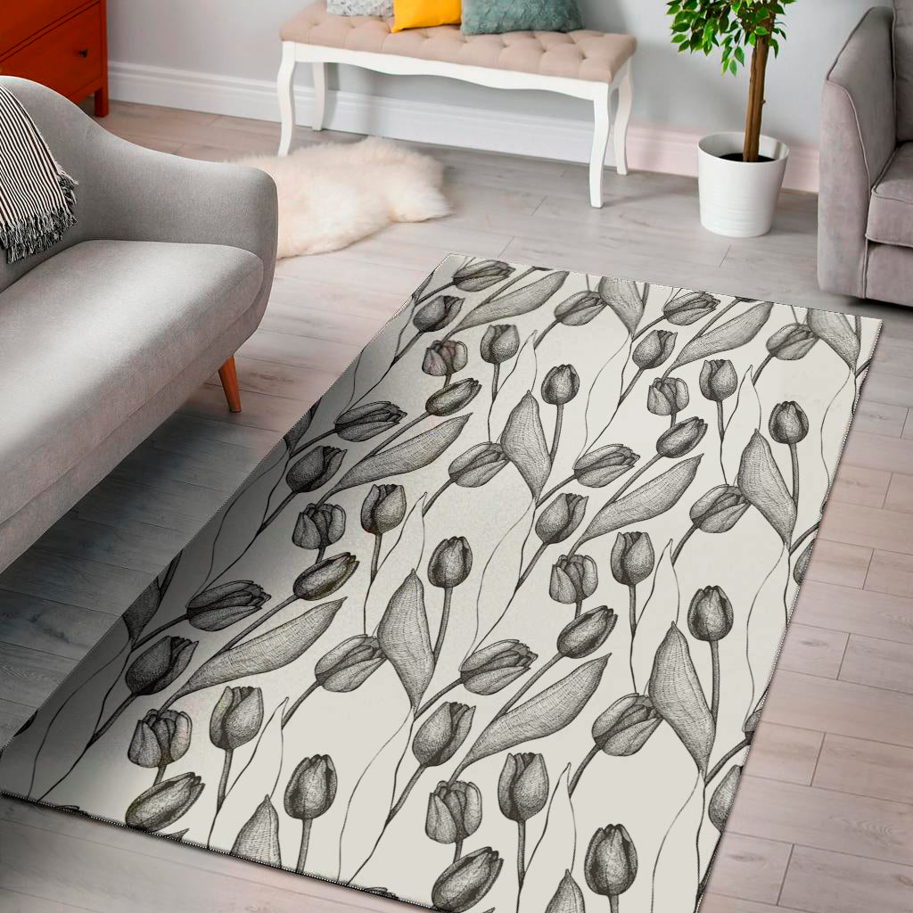 Black And White Tulip Pattern Print Area Rug