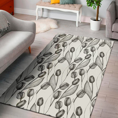 Black And White Tulip Pattern Print Area Rug