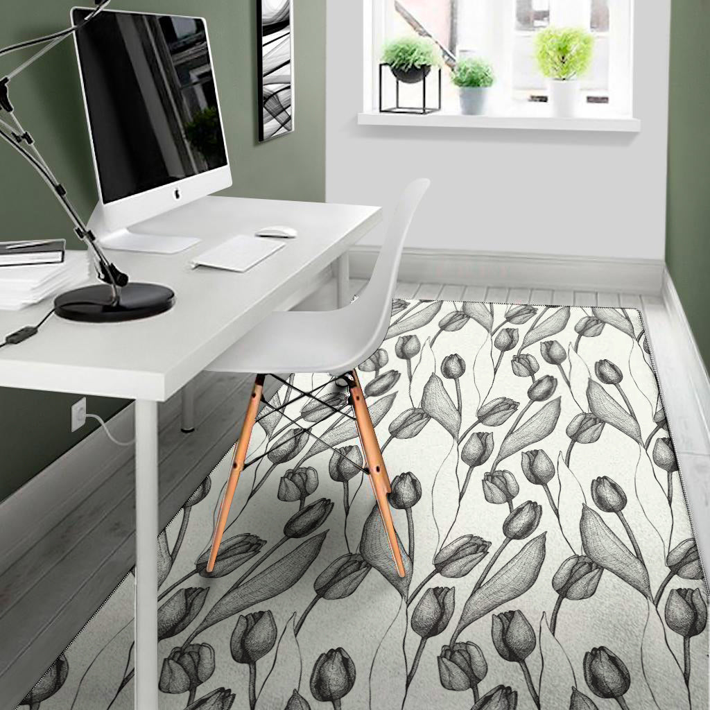 Black And White Tulip Pattern Print Area Rug