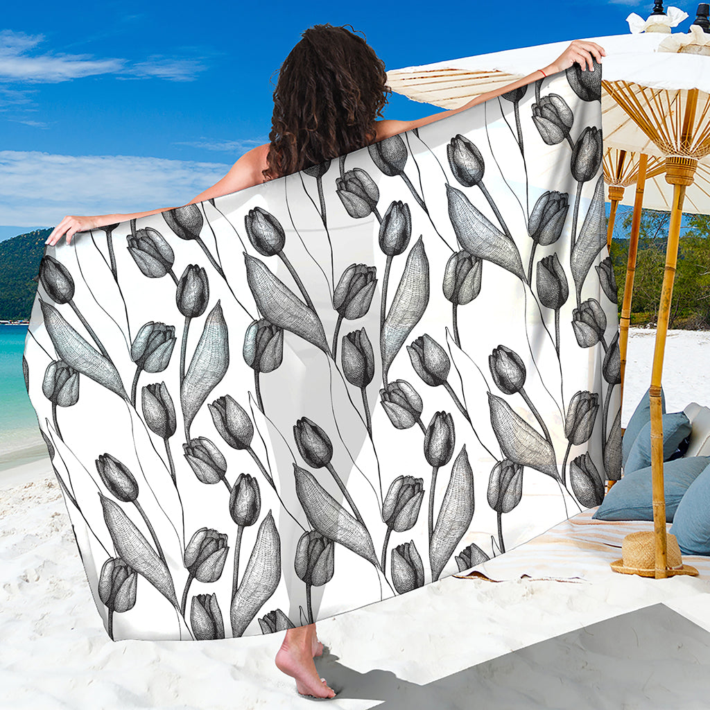 Black And White Tulip Pattern Print Beach Sarong Wrap