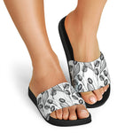 Black And White Tulip Pattern Print Black Slide Sandals