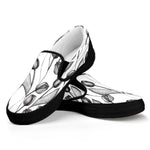 Black And White Tulip Pattern Print Black Slip On Shoes