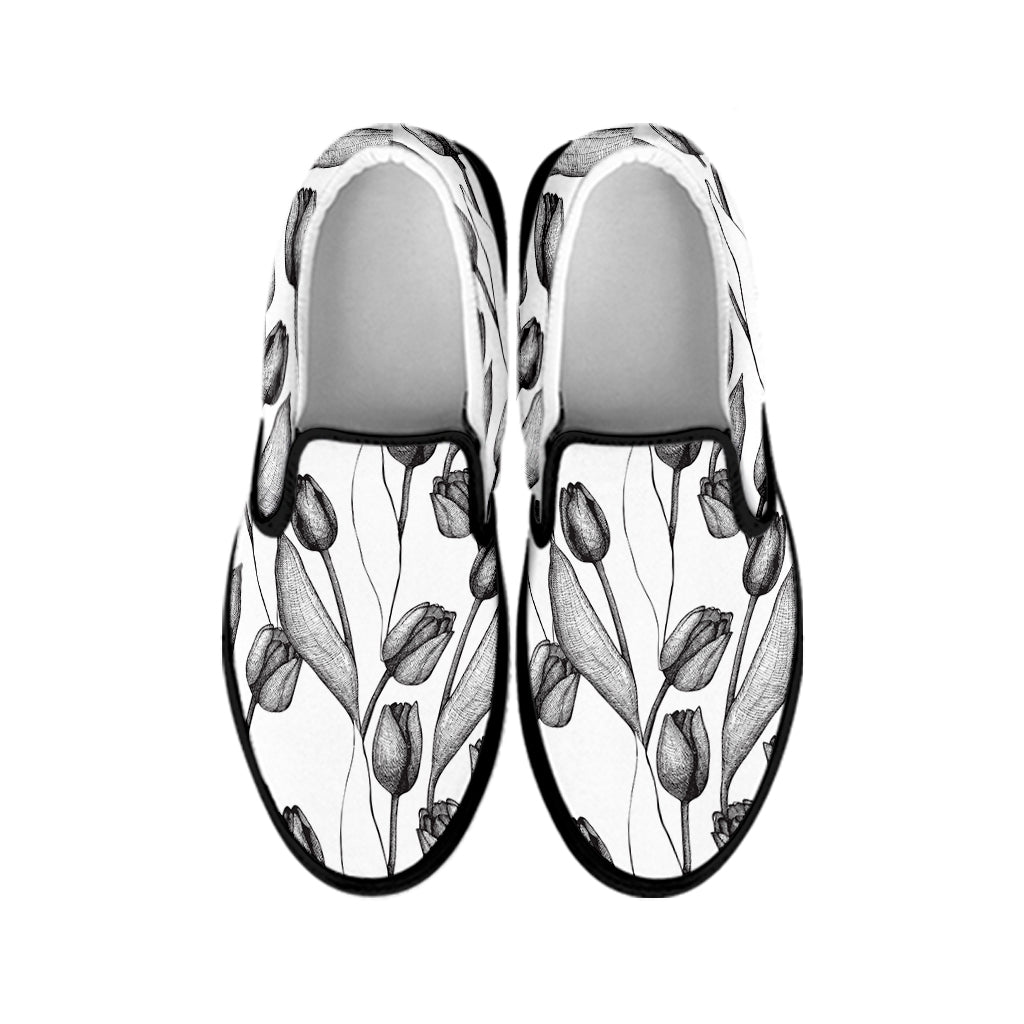 Black And White Tulip Pattern Print Black Slip On Shoes