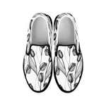 Black And White Tulip Pattern Print Black Slip On Shoes