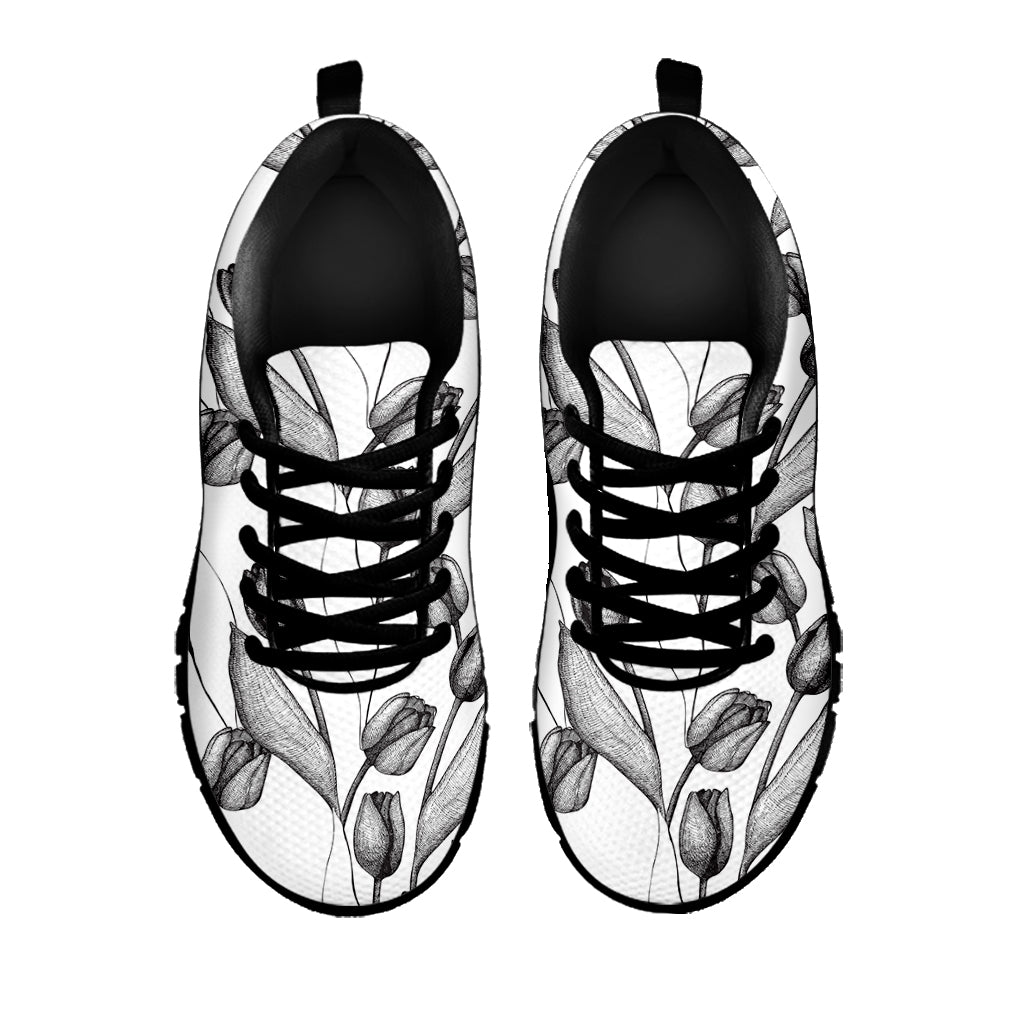 Black And White Tulip Pattern Print Black Sneakers