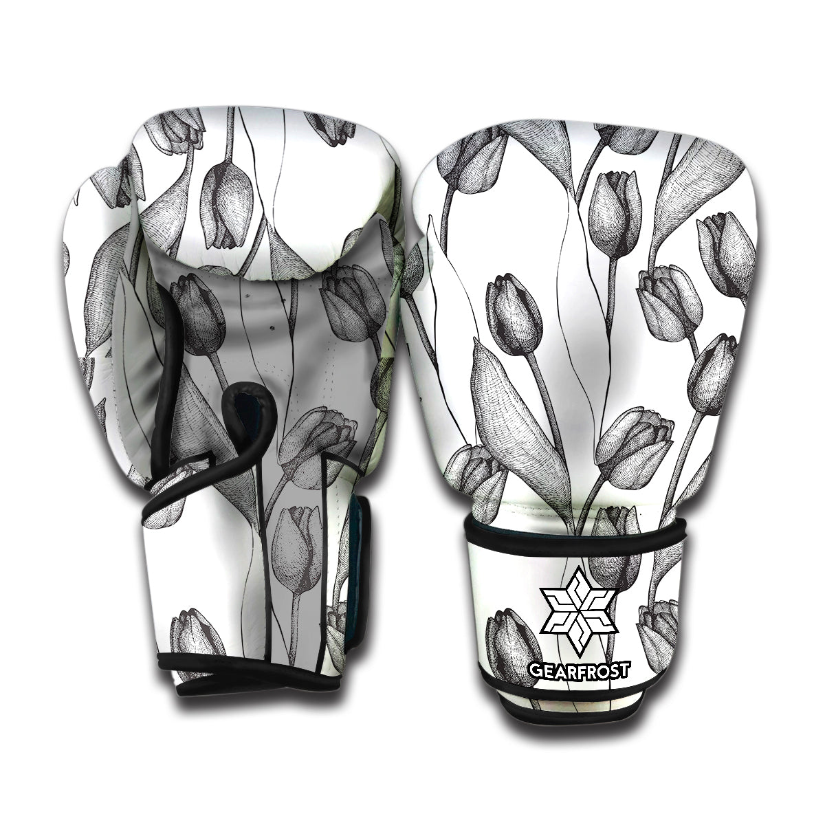 Black And White Tulip Pattern Print Boxing Gloves