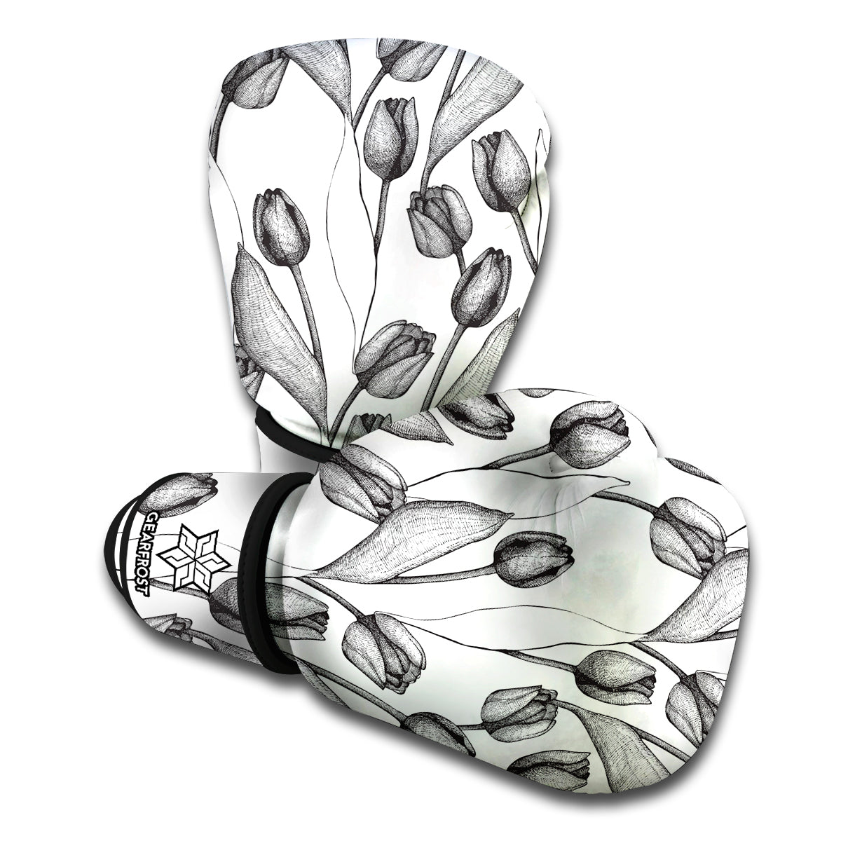 Black And White Tulip Pattern Print Boxing Gloves