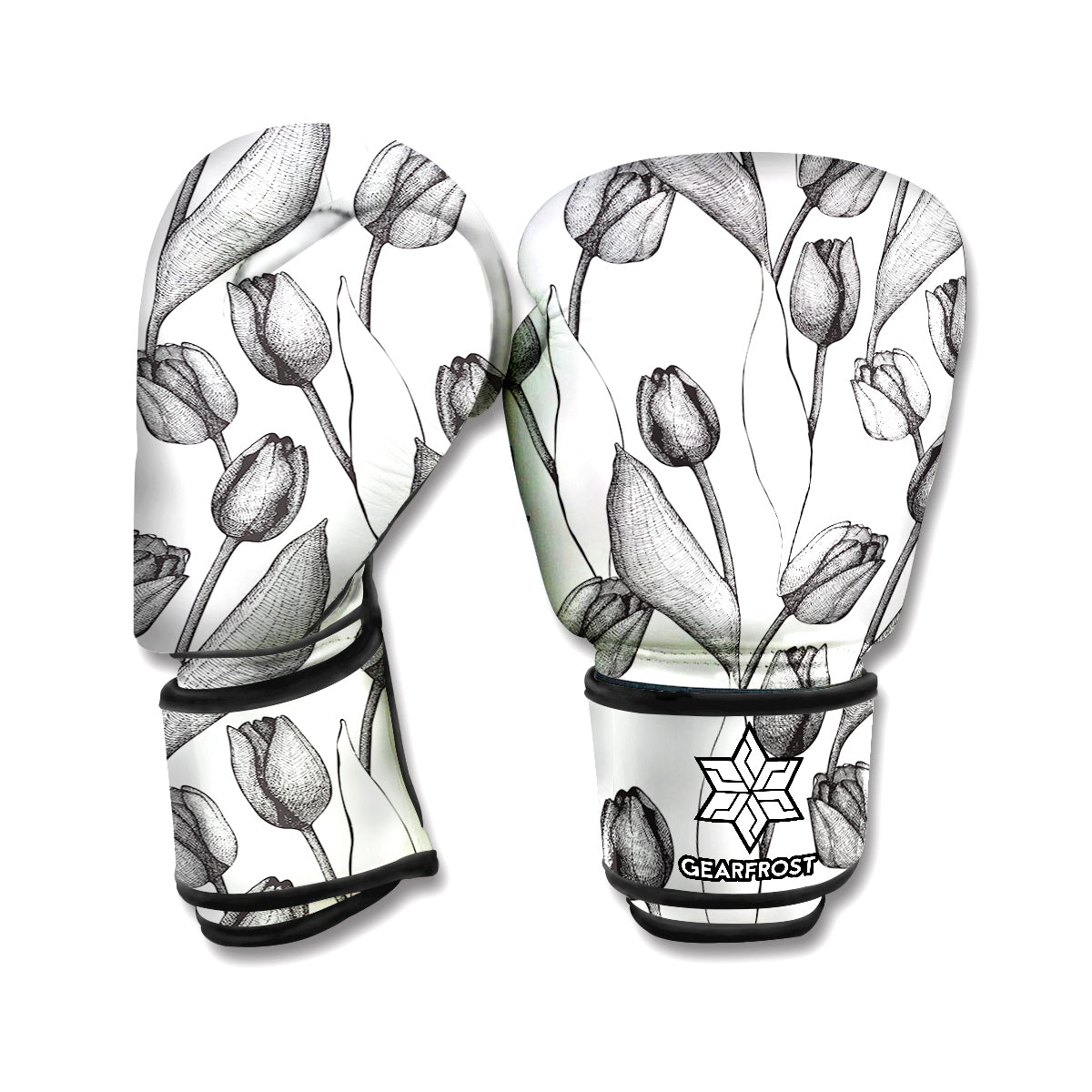 Black And White Tulip Pattern Print Boxing Gloves