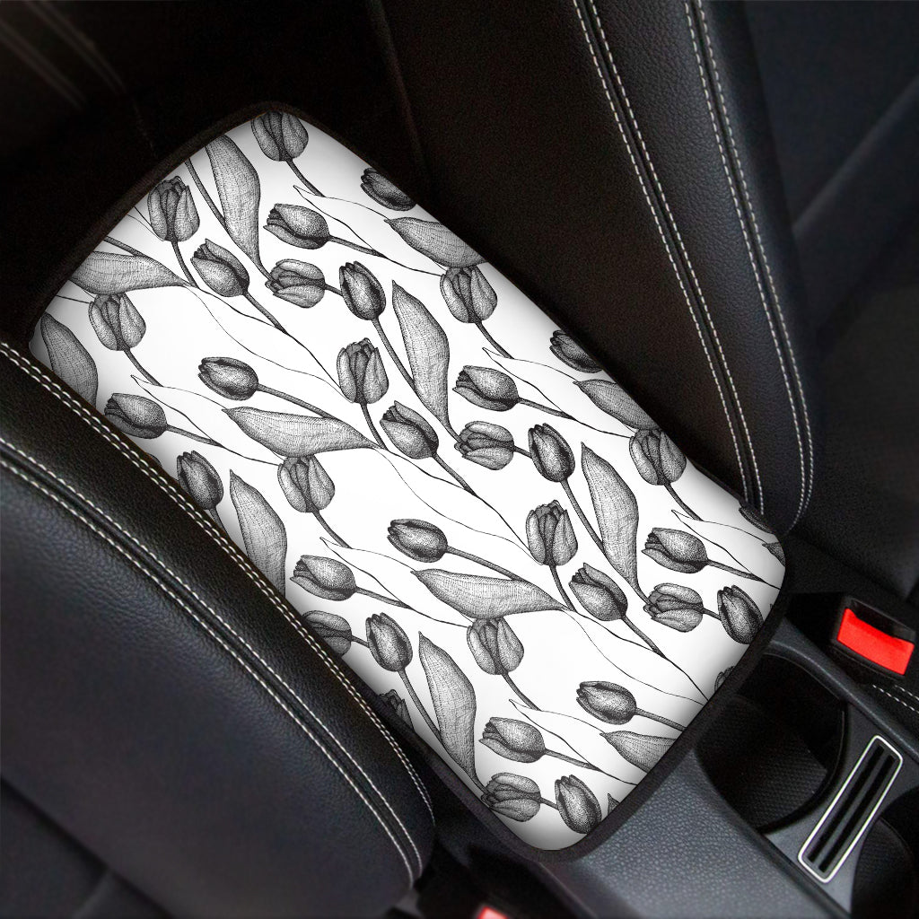 Black And White Tulip Pattern Print Car Center Console Cover