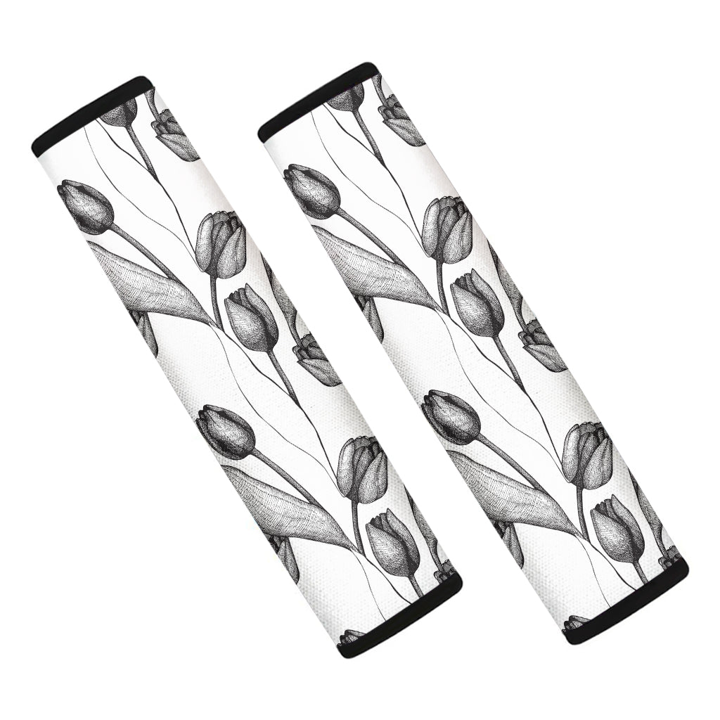 Black And White Tulip Pattern Print Car Seat Belt Covers