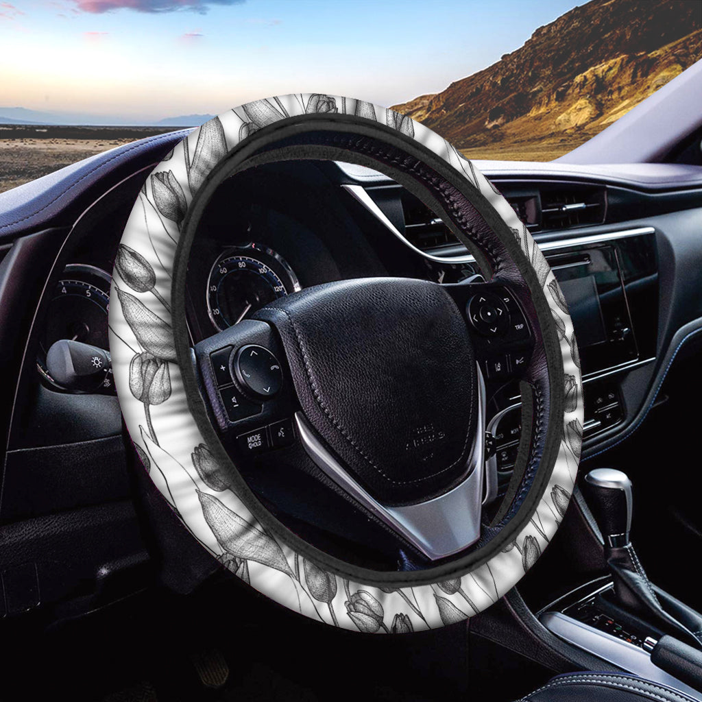 Black And White Tulip Pattern Print Car Steering Wheel Cover