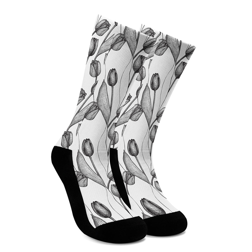 Black And White Tulip Pattern Print Crew Socks