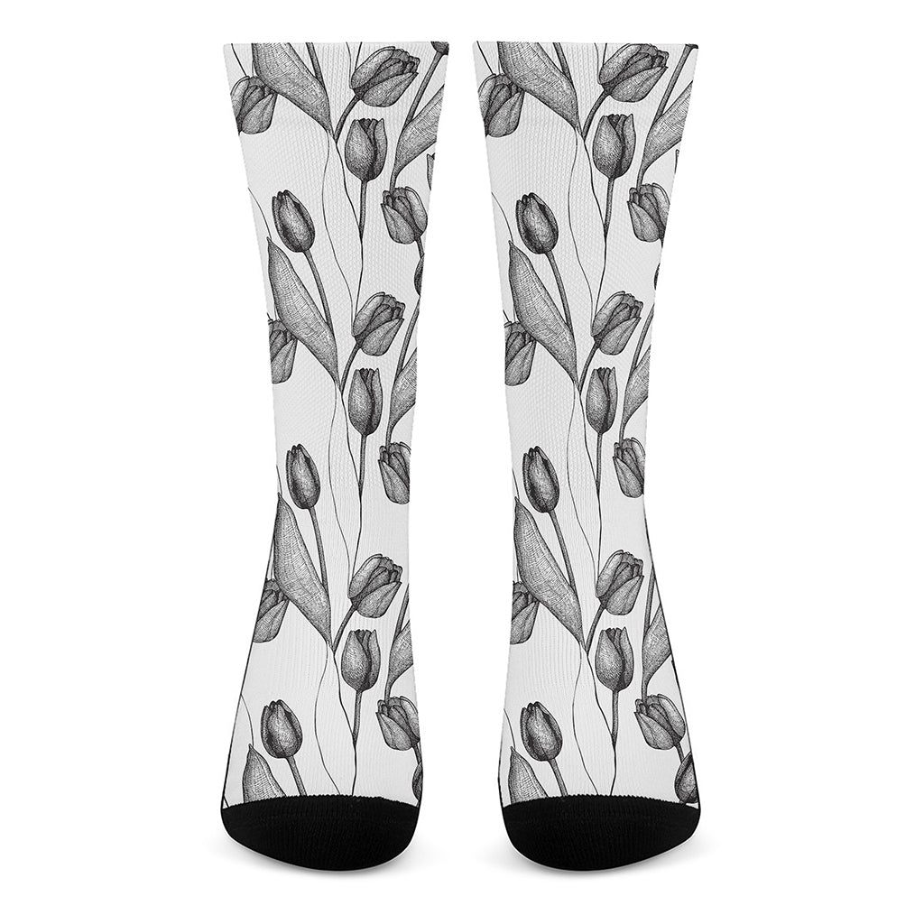 Black And White Tulip Pattern Print Crew Socks