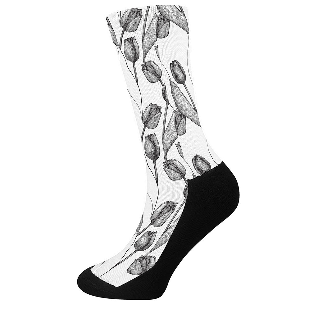 Black And White Tulip Pattern Print Crew Socks