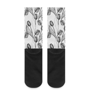 Black And White Tulip Pattern Print Crew Socks