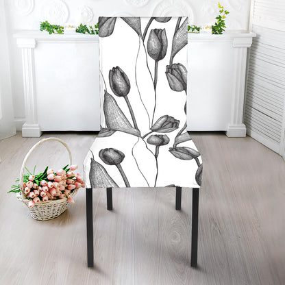 Black And White Tulip Pattern Print Dining Chair Slipcover