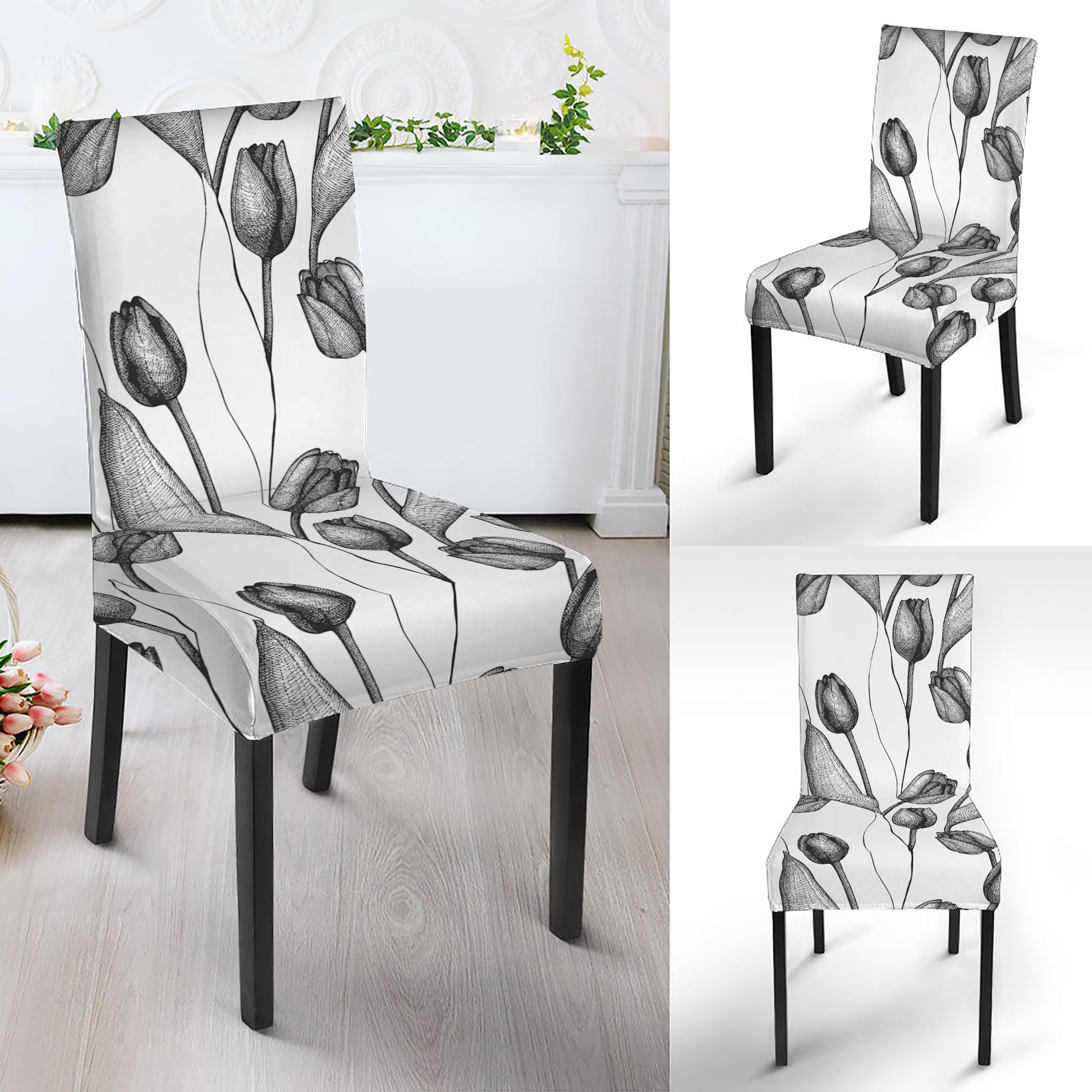 Black And White Tulip Pattern Print Dining Chair Slipcover
