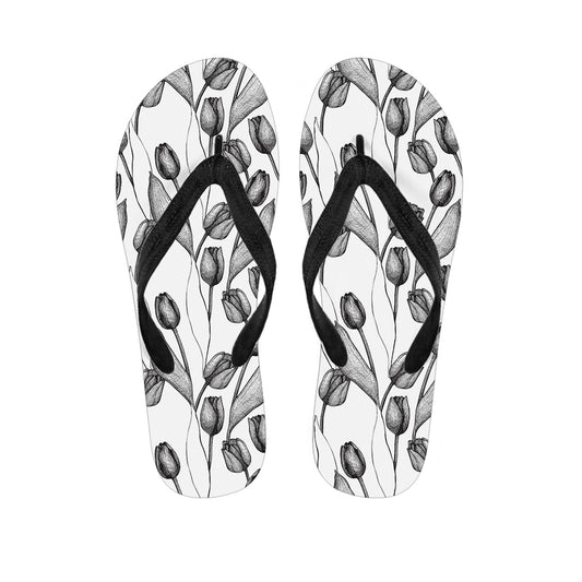 Black And White Tulip Pattern Print Flip Flops