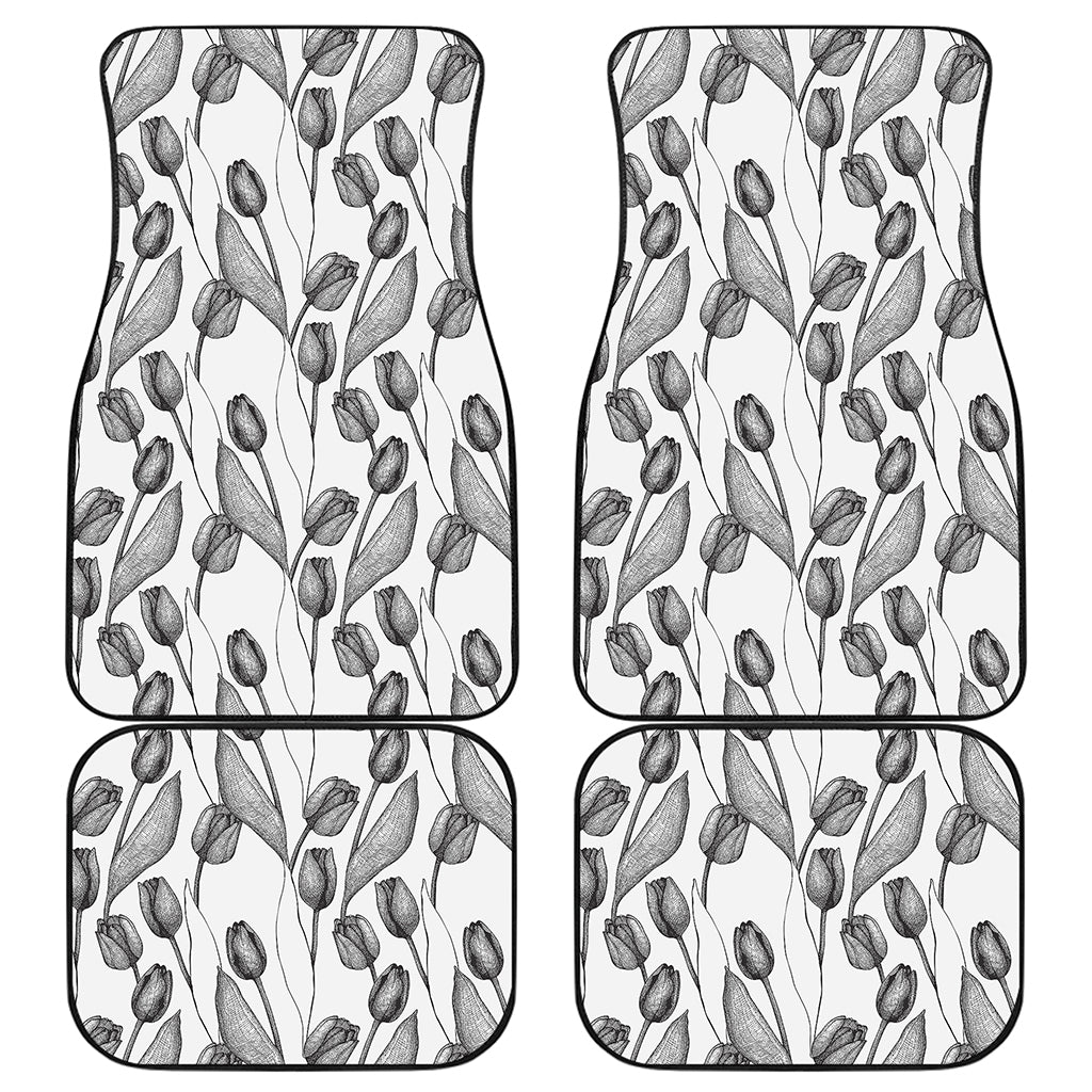 Black And White Tulip Pattern Print Front and Back Car Floor Mats