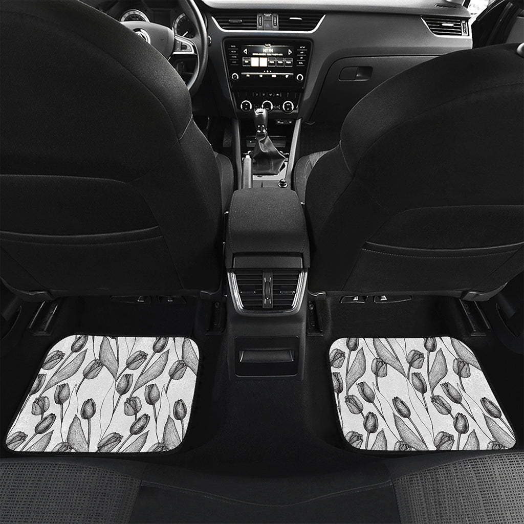 Black And White Tulip Pattern Print Front and Back Car Floor Mats