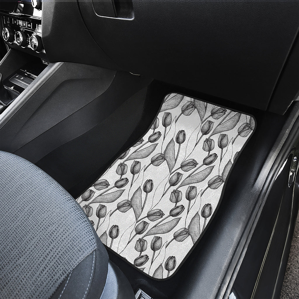 Black And White Tulip Pattern Print Front and Back Car Floor Mats