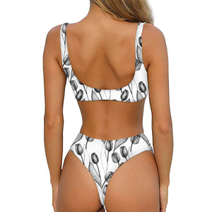 Black And White Tulip Pattern Print Front Bow Tie Bikini