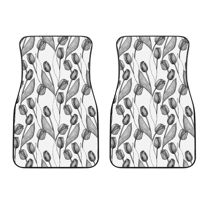 Black And White Tulip Pattern Print Front Car Floor Mats
