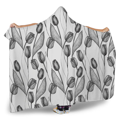 Black And White Tulip Pattern Print Hooded Blanket