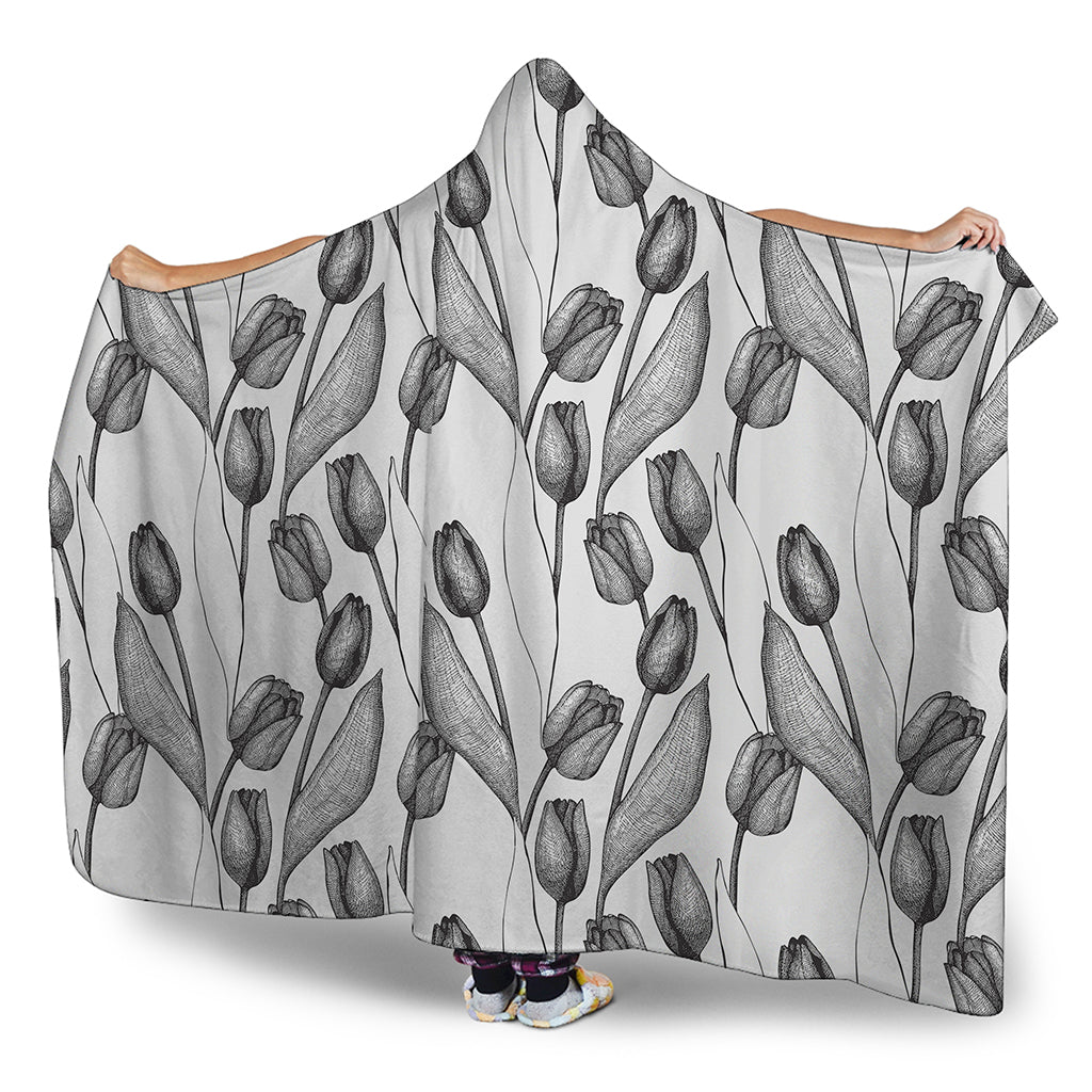 Black And White Tulip Pattern Print Hooded Blanket
