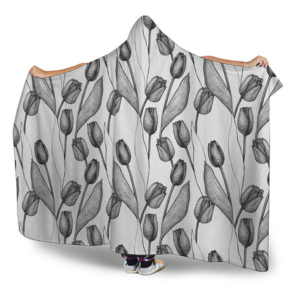 Black And White Tulip Pattern Print Hooded Blanket