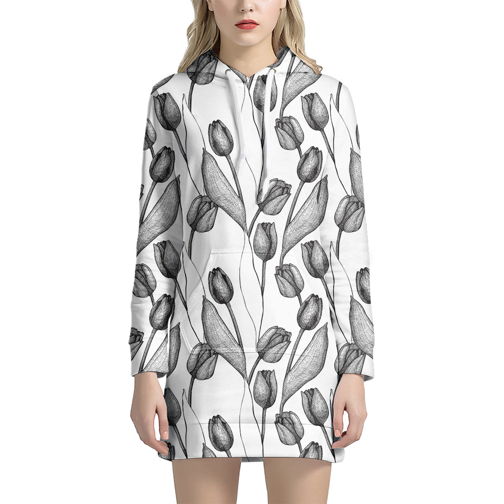 Black And White Tulip Pattern Print Hoodie Dress