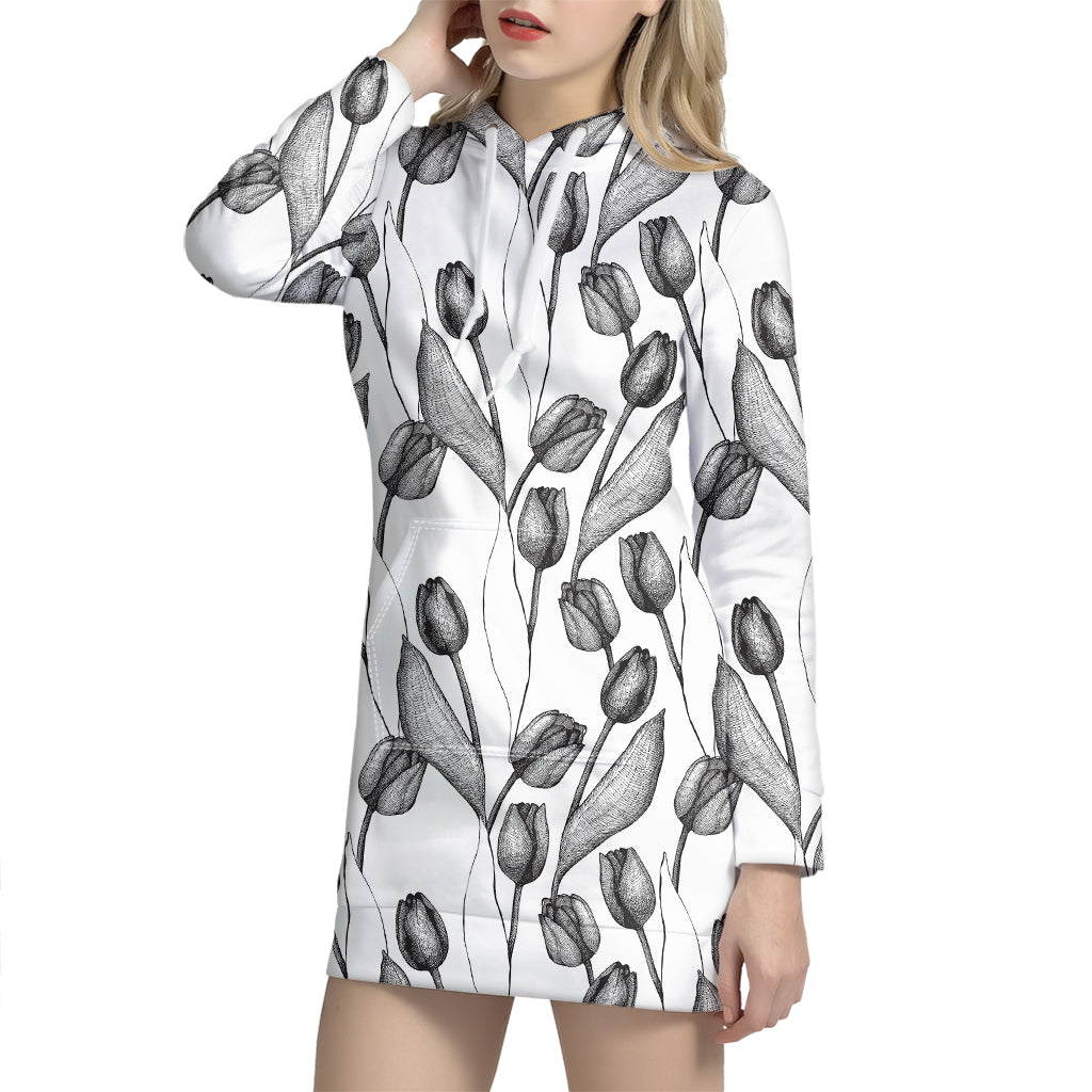 Black And White Tulip Pattern Print Hoodie Dress