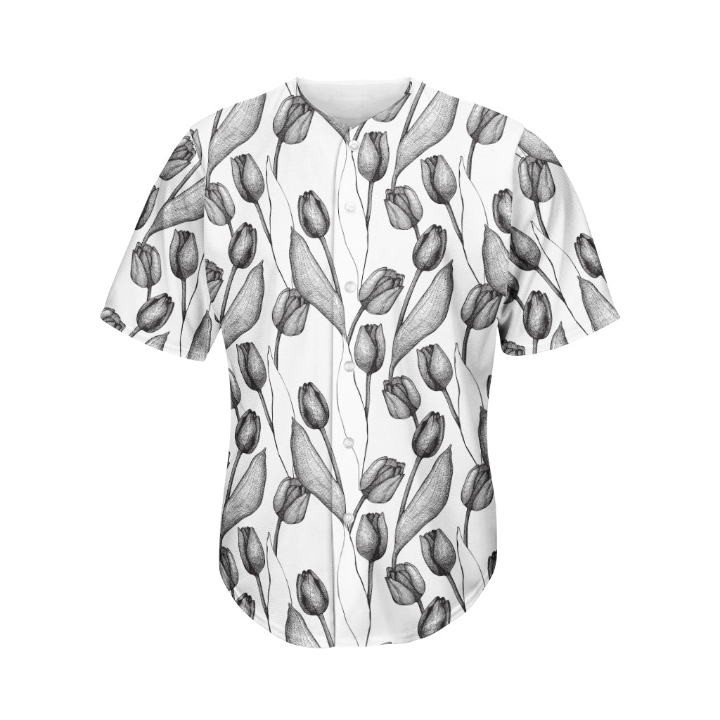 Black And White Tulip Pattern Print Men's Baseball Jersey