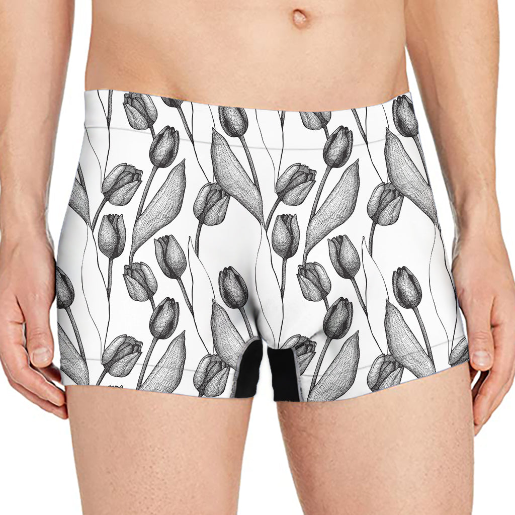 Black And White Tulip Pattern Print Men's Boxer Briefs