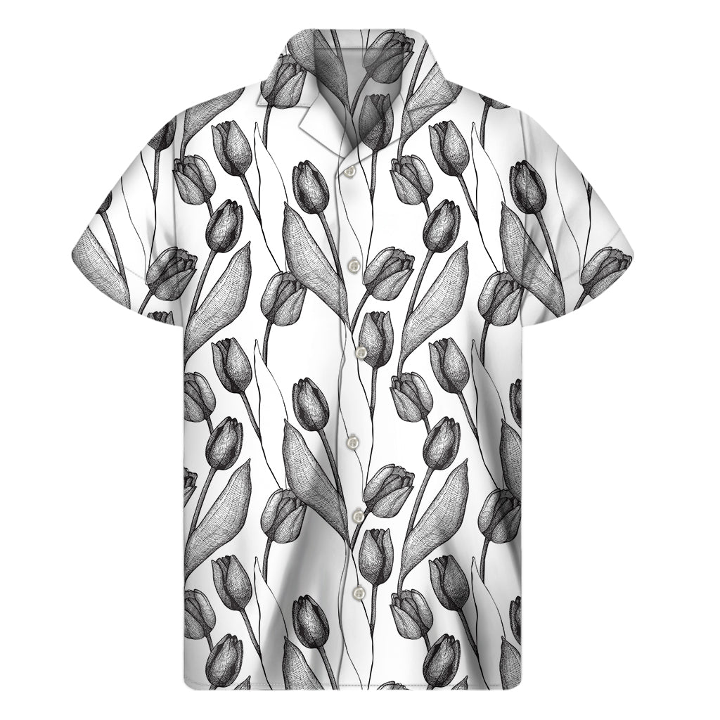 Black And White Tulip Pattern Print Men's Short Sleeve Shirt