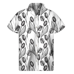 Black And White Tulip Pattern Print Men's Short Sleeve Shirt