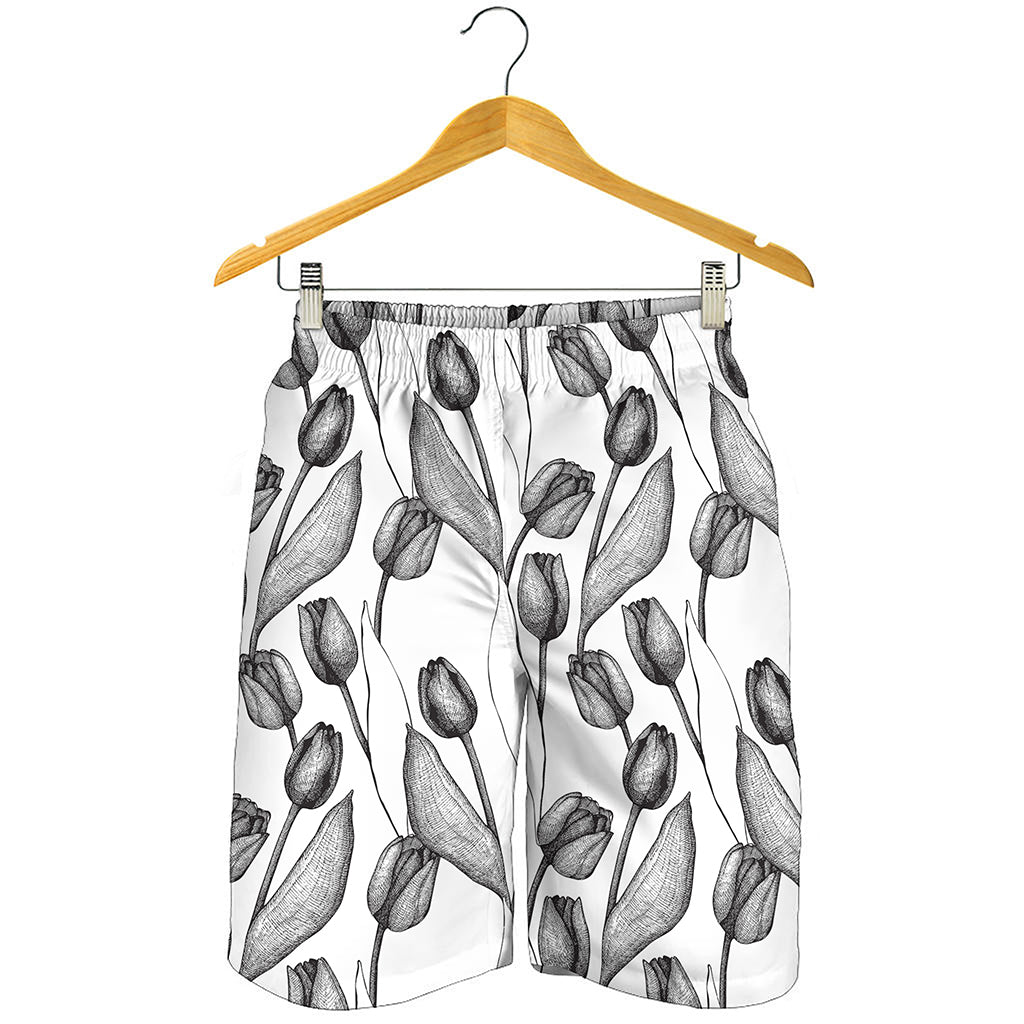 Black And White Tulip Pattern Print Men's Shorts