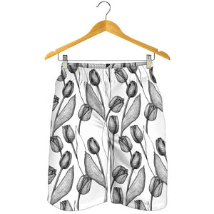 Black And White Tulip Pattern Print Men's Shorts