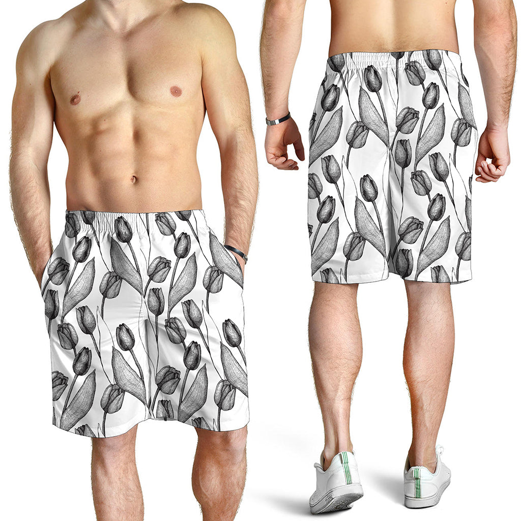 Black And White Tulip Pattern Print Men's Shorts